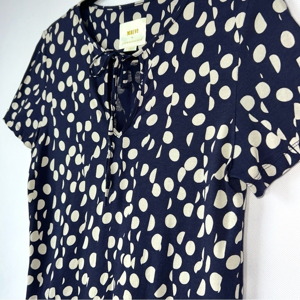 Anthropologie Maeve Navy Blue & White Polka Dot Cotton Modal Short Sleeve Top XS - Picture 3 of 11